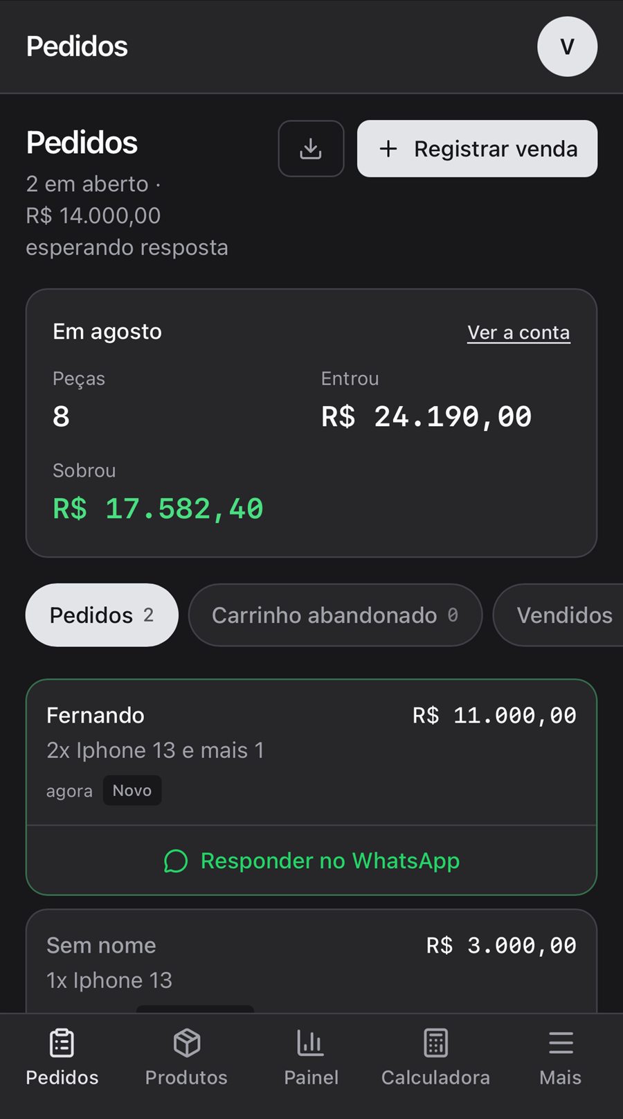 Tela de pedidos da gestão
